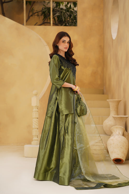 RAWAYAT – Olive Green Khattan Silk 3-Piece Festive Ensemble