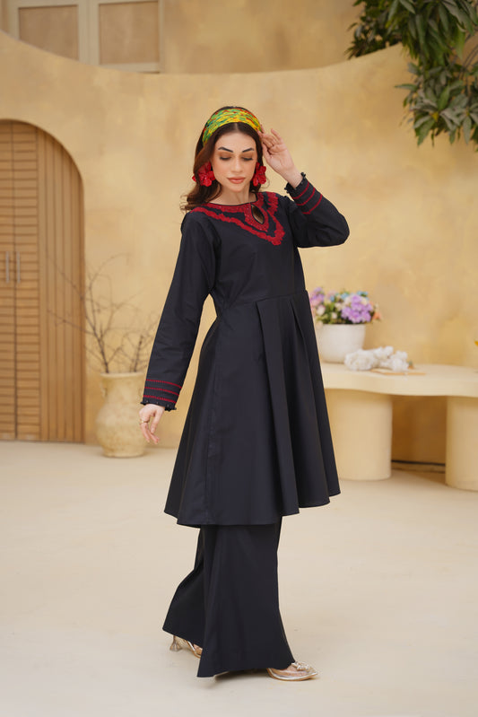 MIDNIGHT BALOOM – Black Premium Cotton Embroidered 2-Piece Set