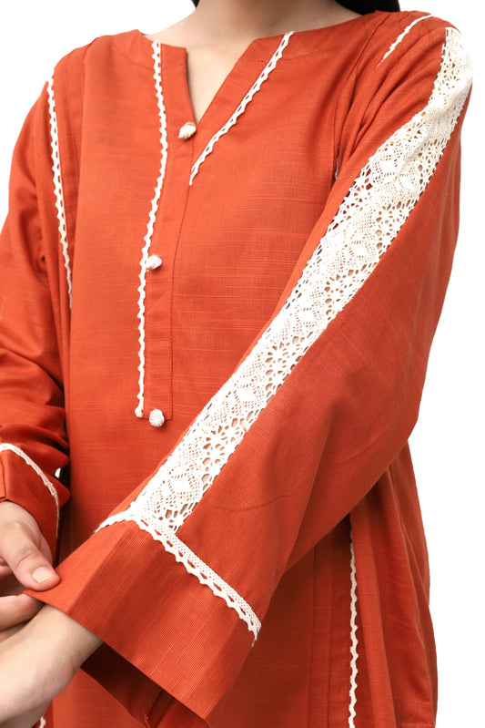 Rust Orange Khaddar 2-Piece Set | Top and Bottom