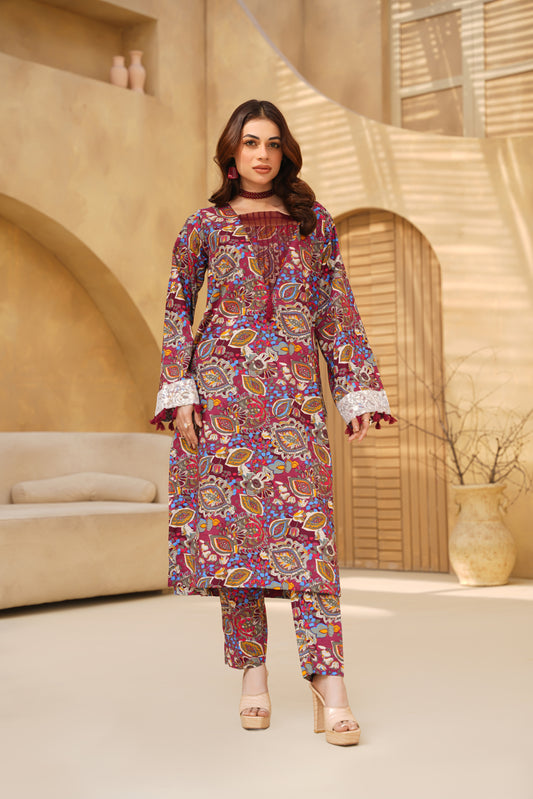 RANGREZ – Wine Multicolor Printed 2-Piece Semi-Formal Cotton Set