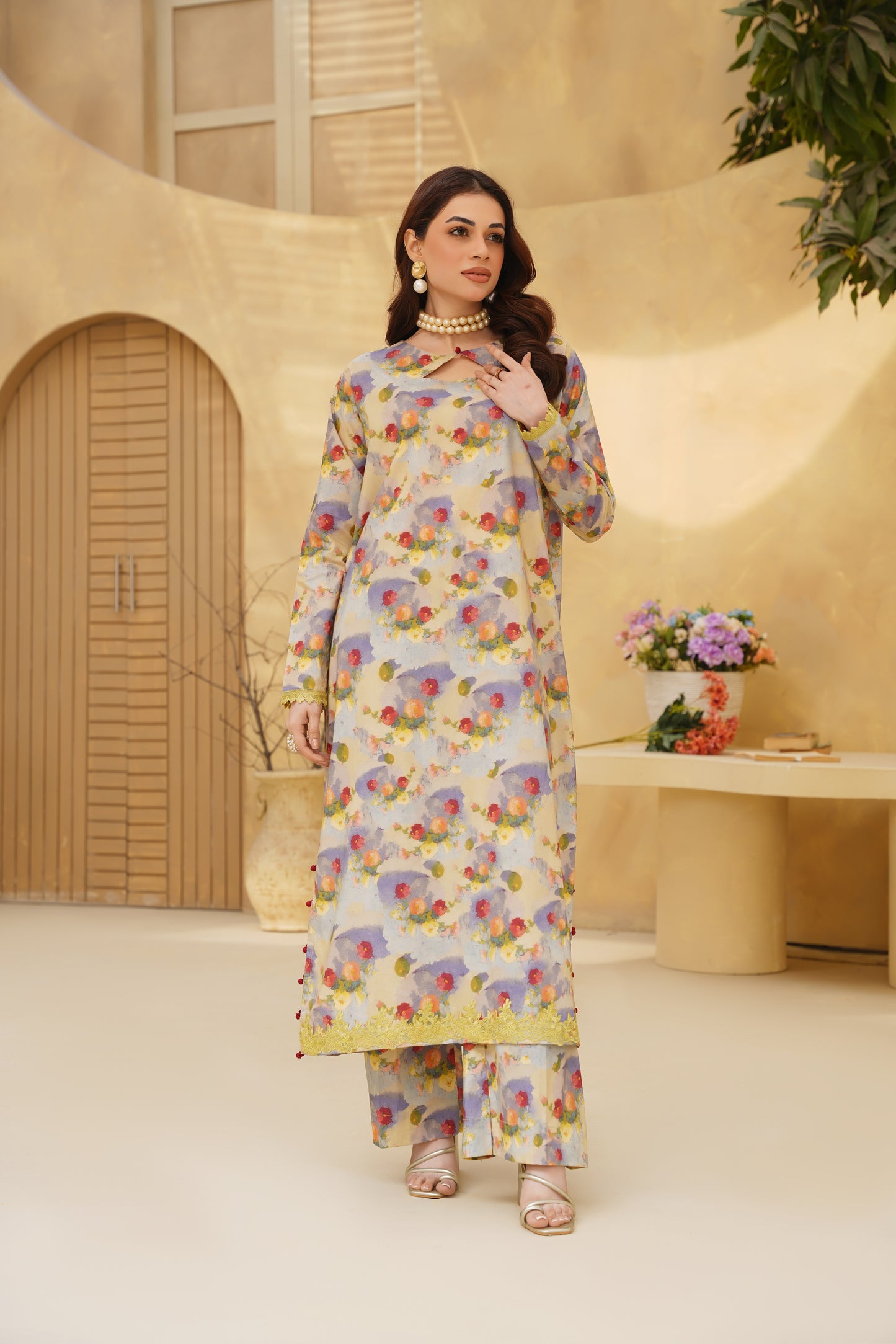 GULRANG – Ivory Multi Pastel Floral Premium Cotton 2-Piece Set