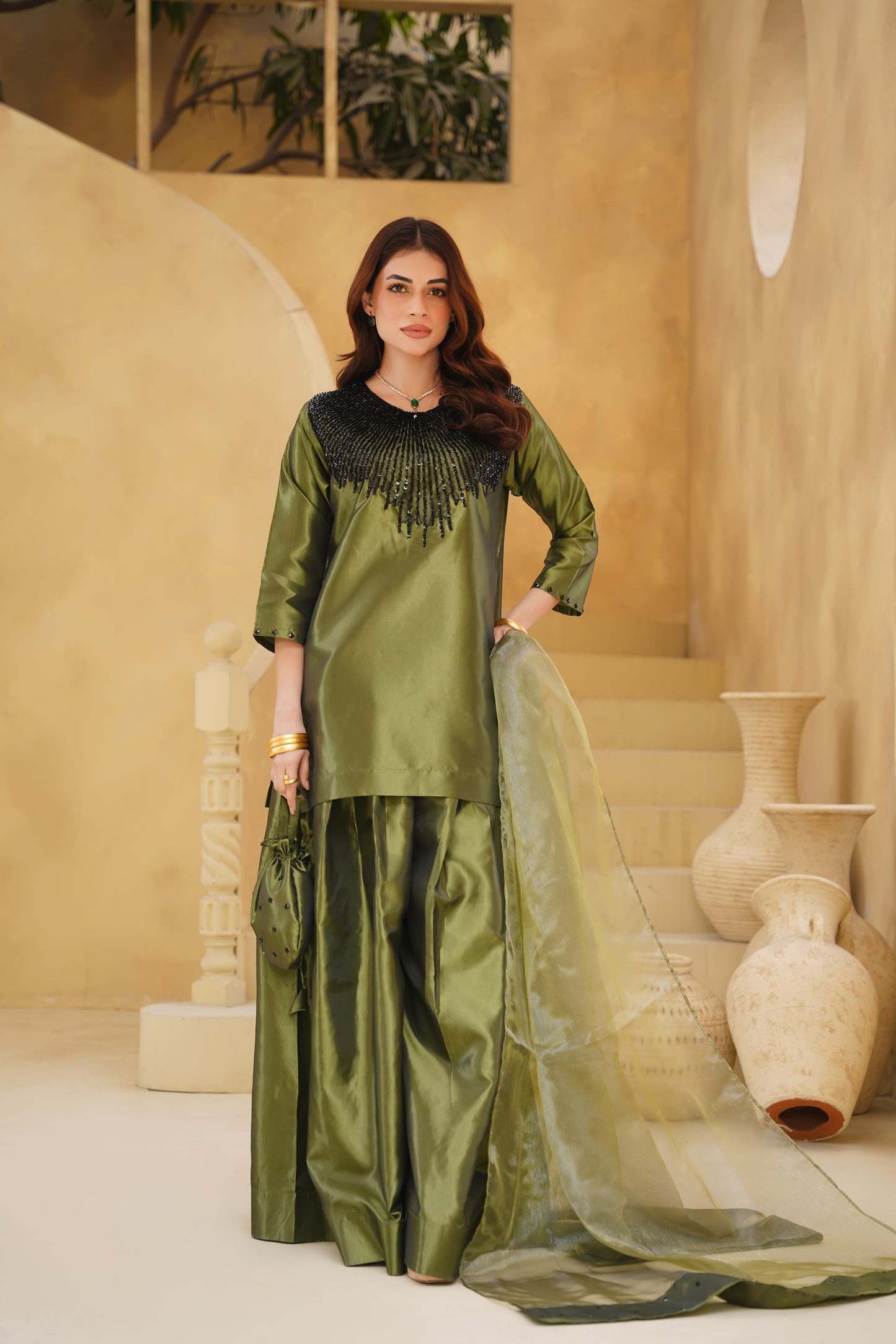 RAWAYAT – Olive Green Khattan Silk 3-Piece Festive Ensemble