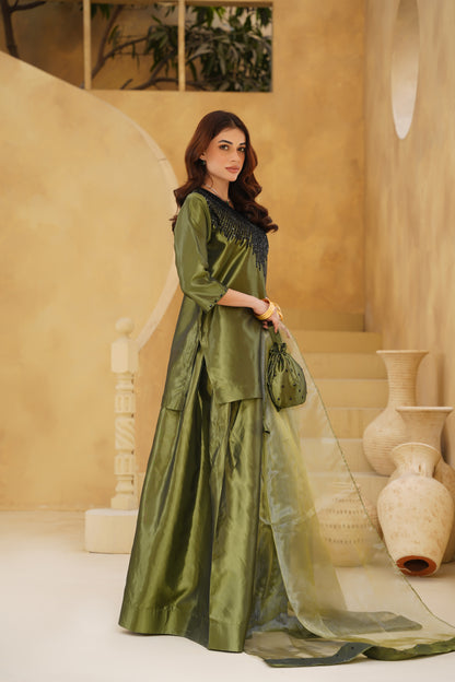RAWAYAT – Olive Green Khattan Silk 3-Piece Festive Ensemble