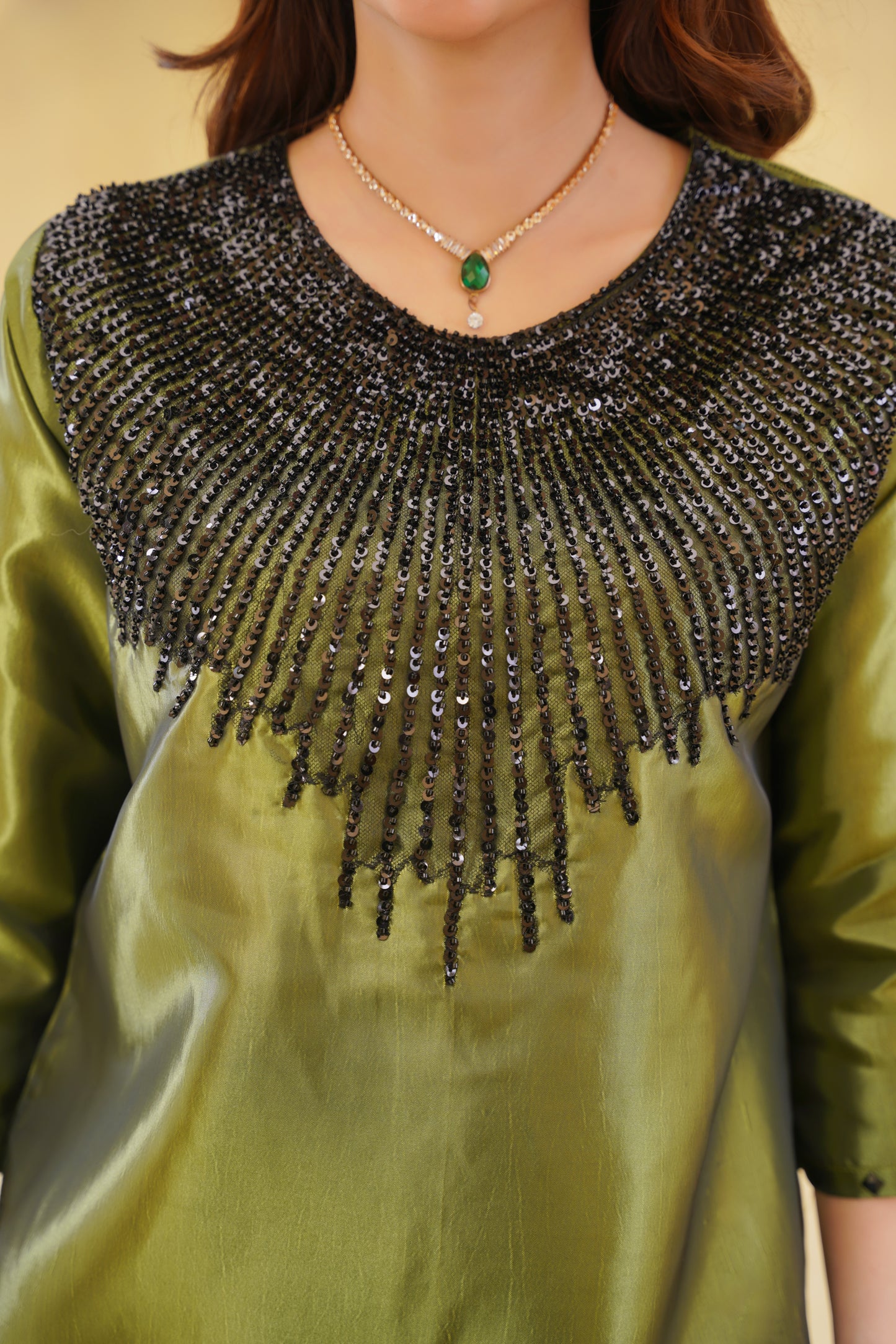 RAWAYAT – Olive Green Khattan Silk 3-Piece Festive Ensemble