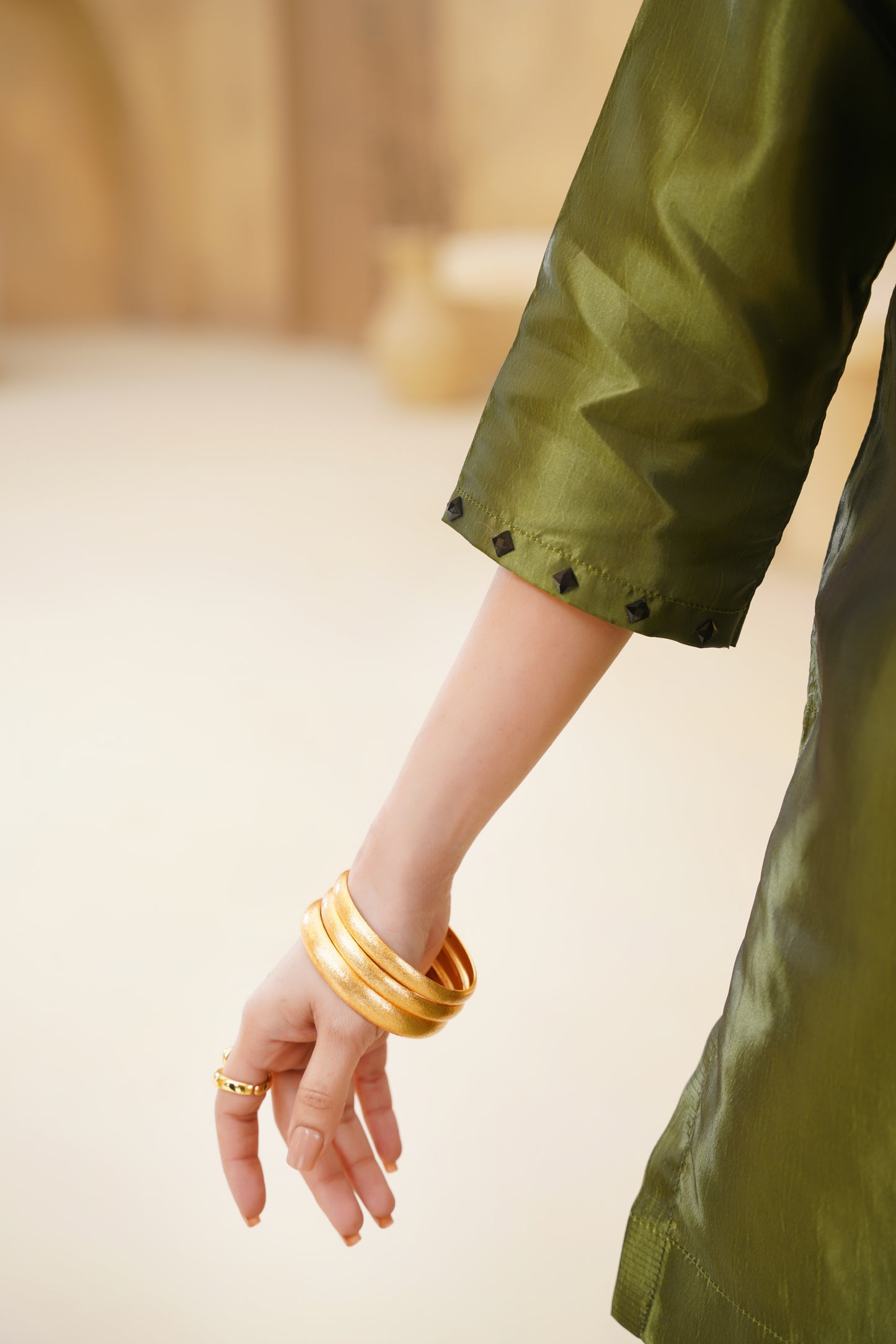 RAWAYAT – Olive Green Khattan Silk 3-Piece Festive Ensemble