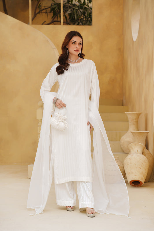 HOOR | White Premium Silk 3-Piece Festive Ensemble with Organza Dupatta