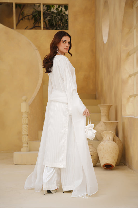 HOOR | White Premium Silk 3-Piece Festive Ensemble with Organza Dupatta
