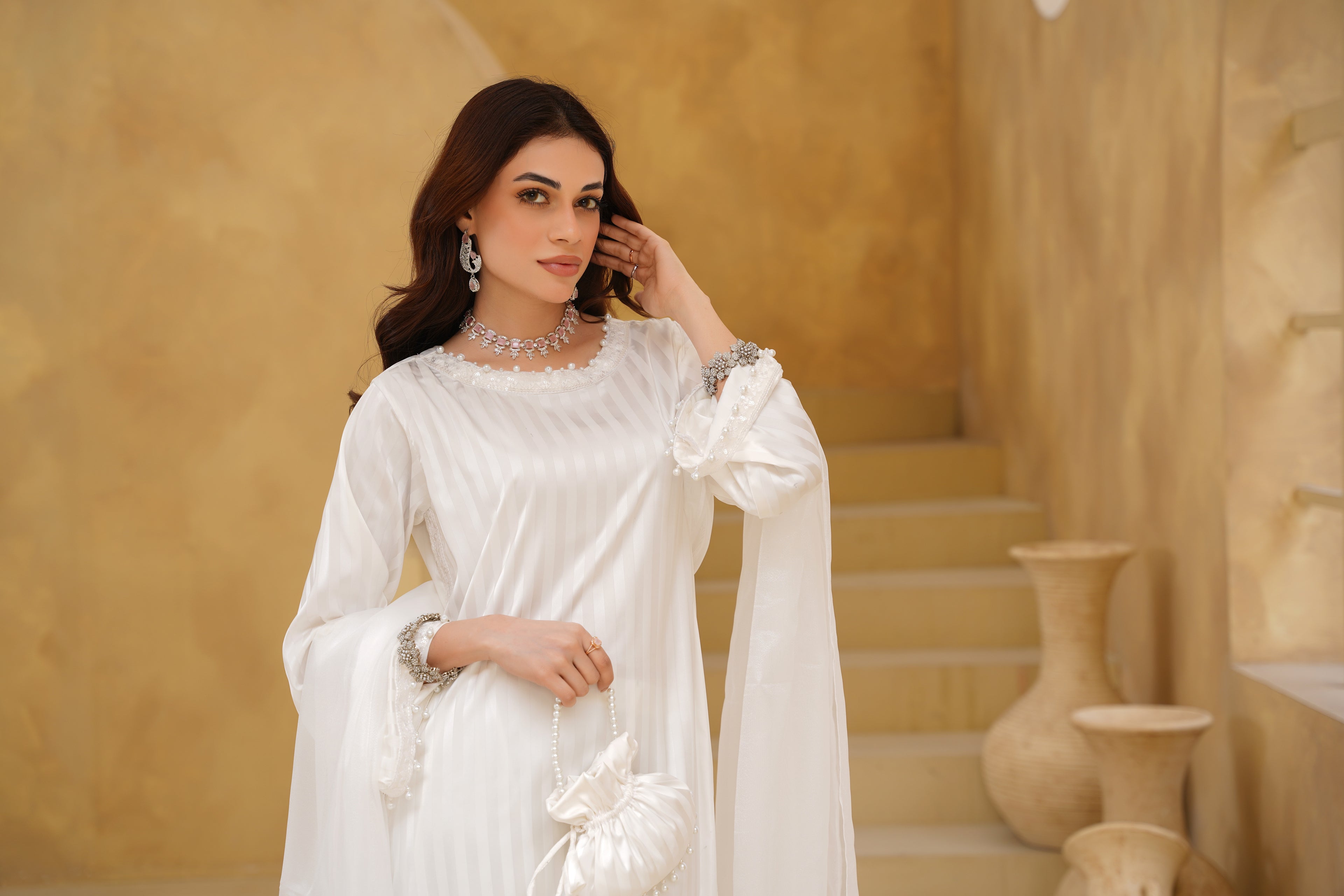 HOOR | White Premium Silk 3-Piece Festive Ensemble with Organza Dupatta