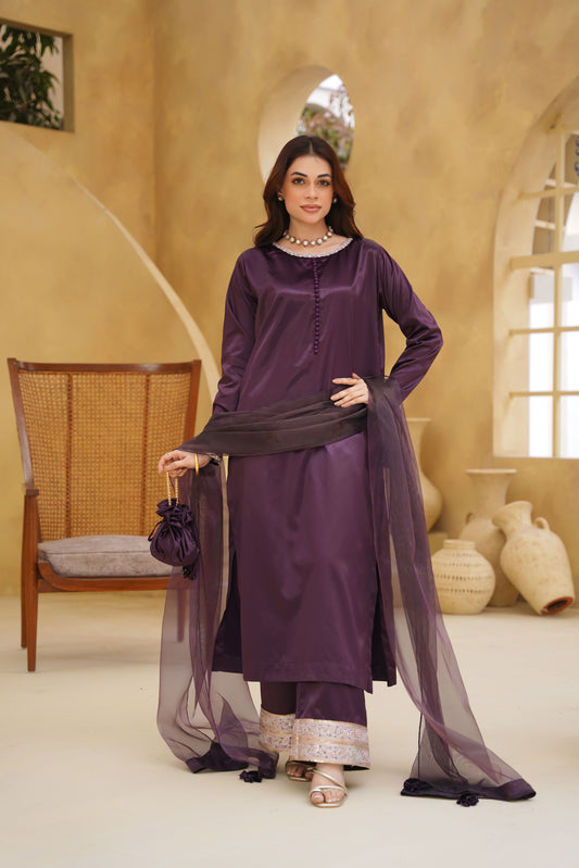 ADAA – Plum Premium Silk 3-Piece Festive Suit with Organza Dupatta