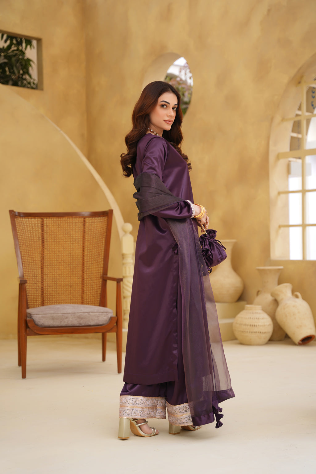 ADAA – Plum Premium Silk 3-Piece Festive Suit with Organza Dupatta