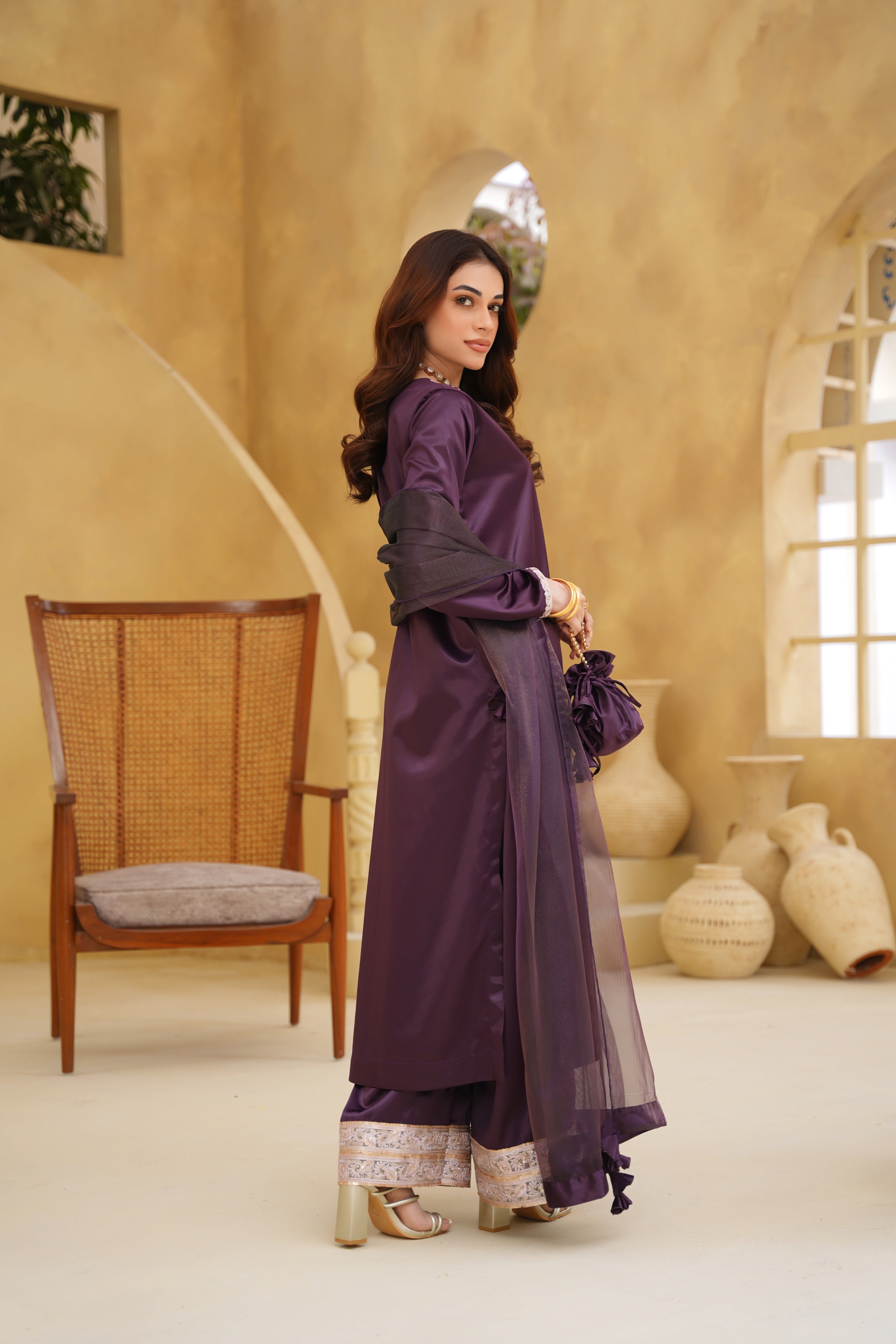 ADAA – Plum Premium Silk 3-Piece Festive Suit with Organza Dupatta