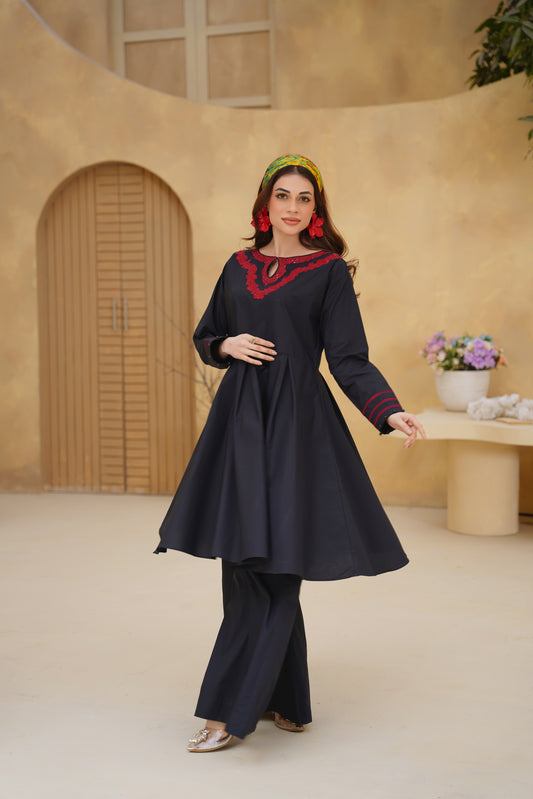 MIDNIGHT BALOOM – Black Premium Cotton Embroidered 2-Piece Set