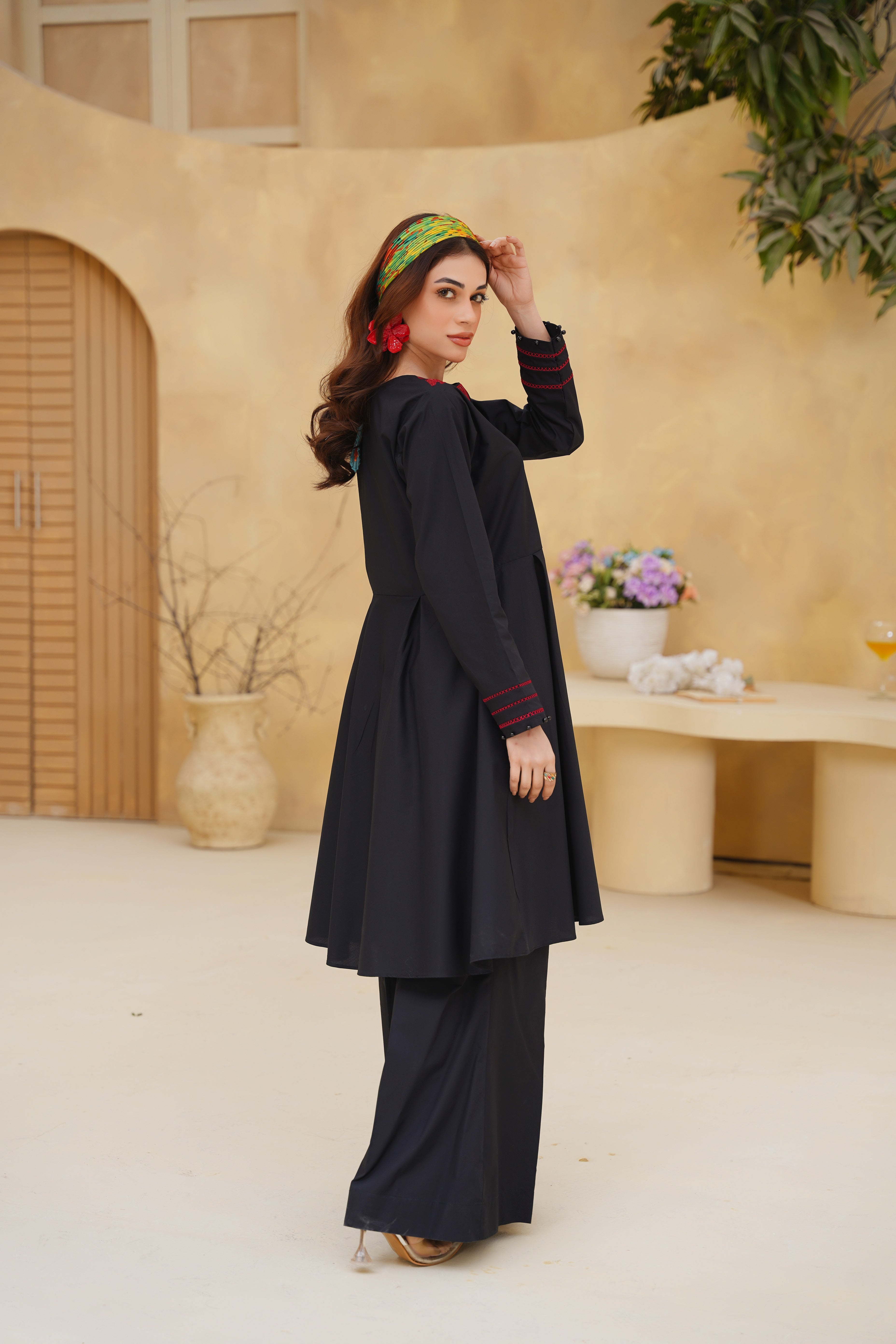 MIDNIGHT BALOOM – Black Premium Cotton Embroidered 2-Piece Set
