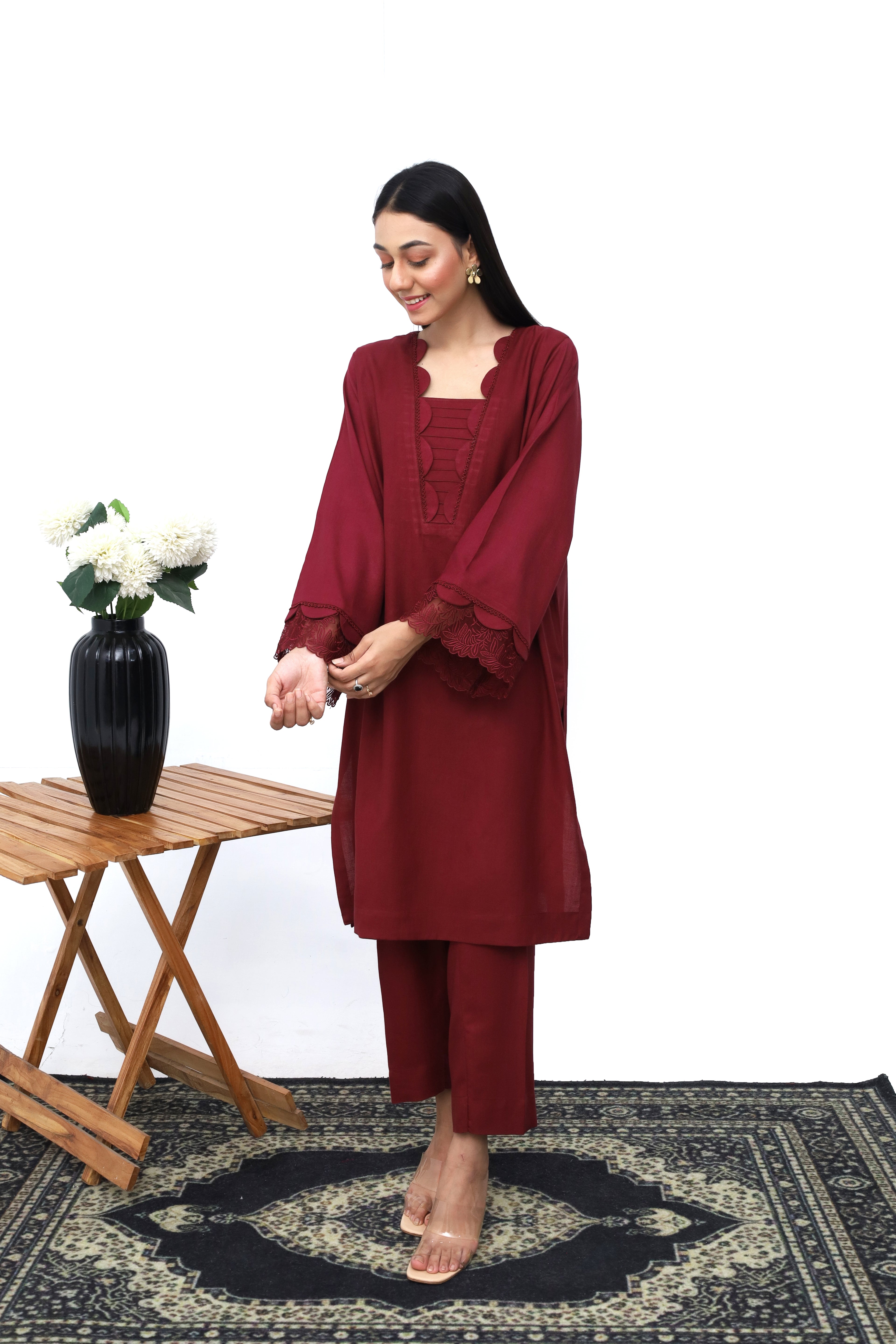 Maroon Dhanak 2-Piece Casual Set | Top and Bottom