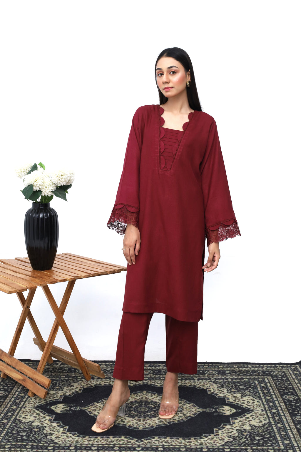 Maroon Dhanak 2-Piece Casual Set | Top and Bottom