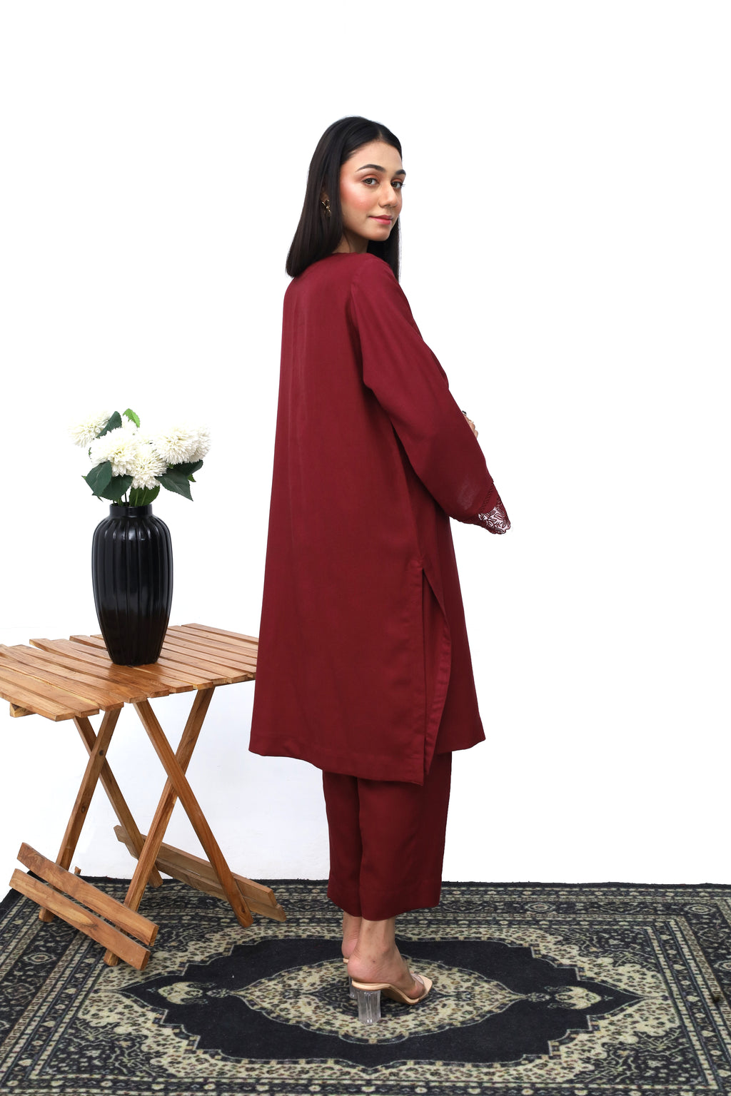 Maroon Dhanak 2-Piece Casual Set | Top and Bottom