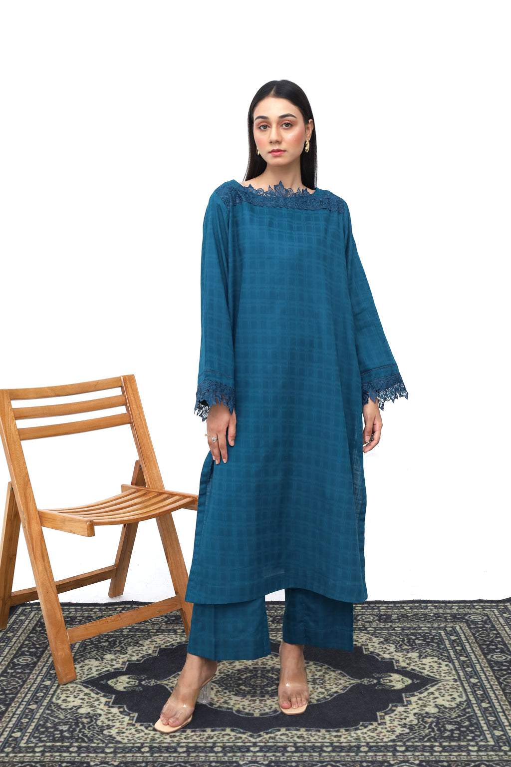 Teal Winter Viscose Textured 2-Piece Set | Top and Bottom