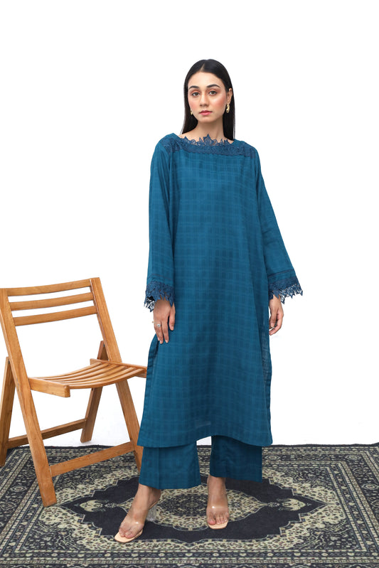 Teal Bloom Winter Viscose Textured 2-Piece Set | Top and Bottom