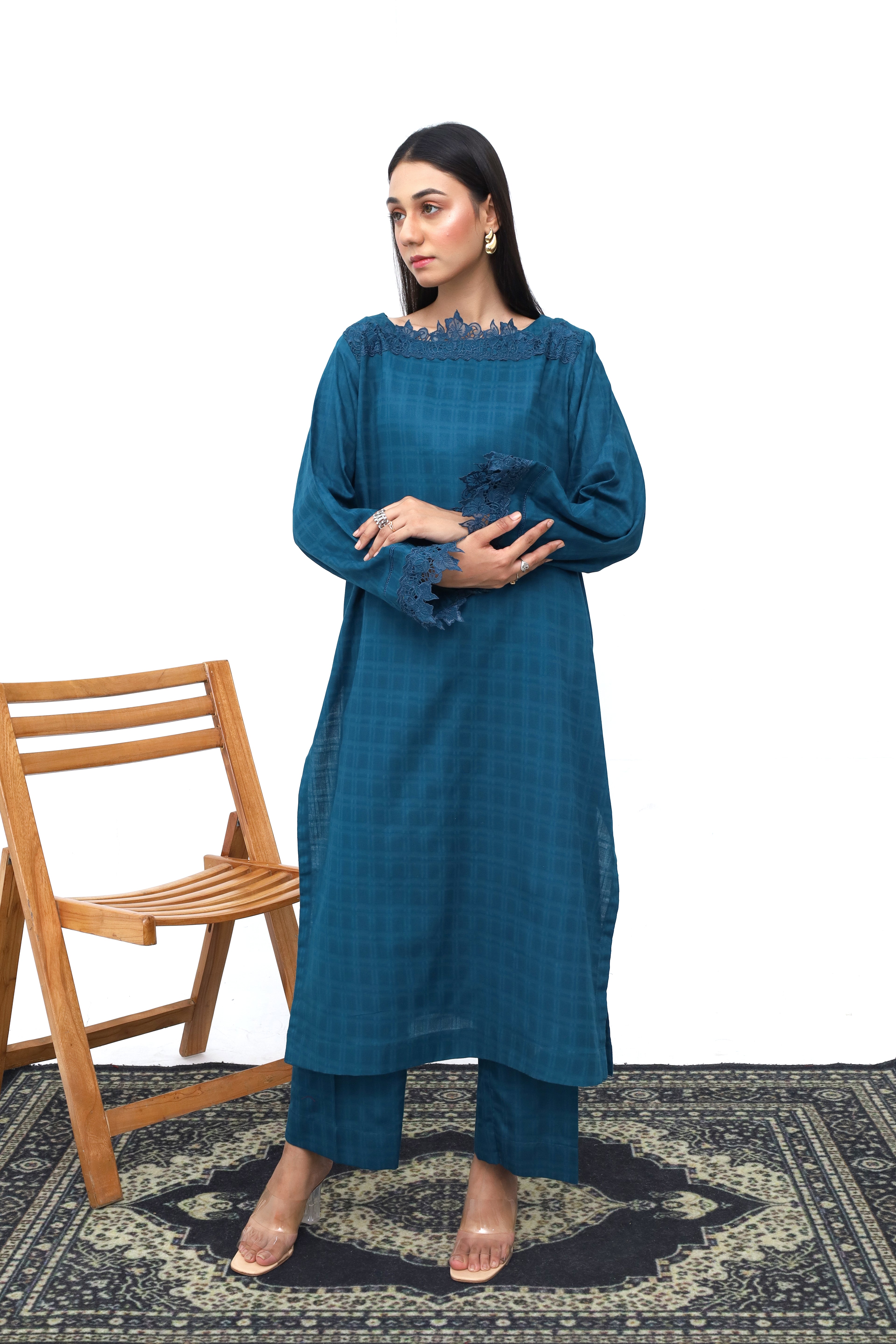 Teal Winter Viscose Textured 2-Piece Set | Top and Bottom