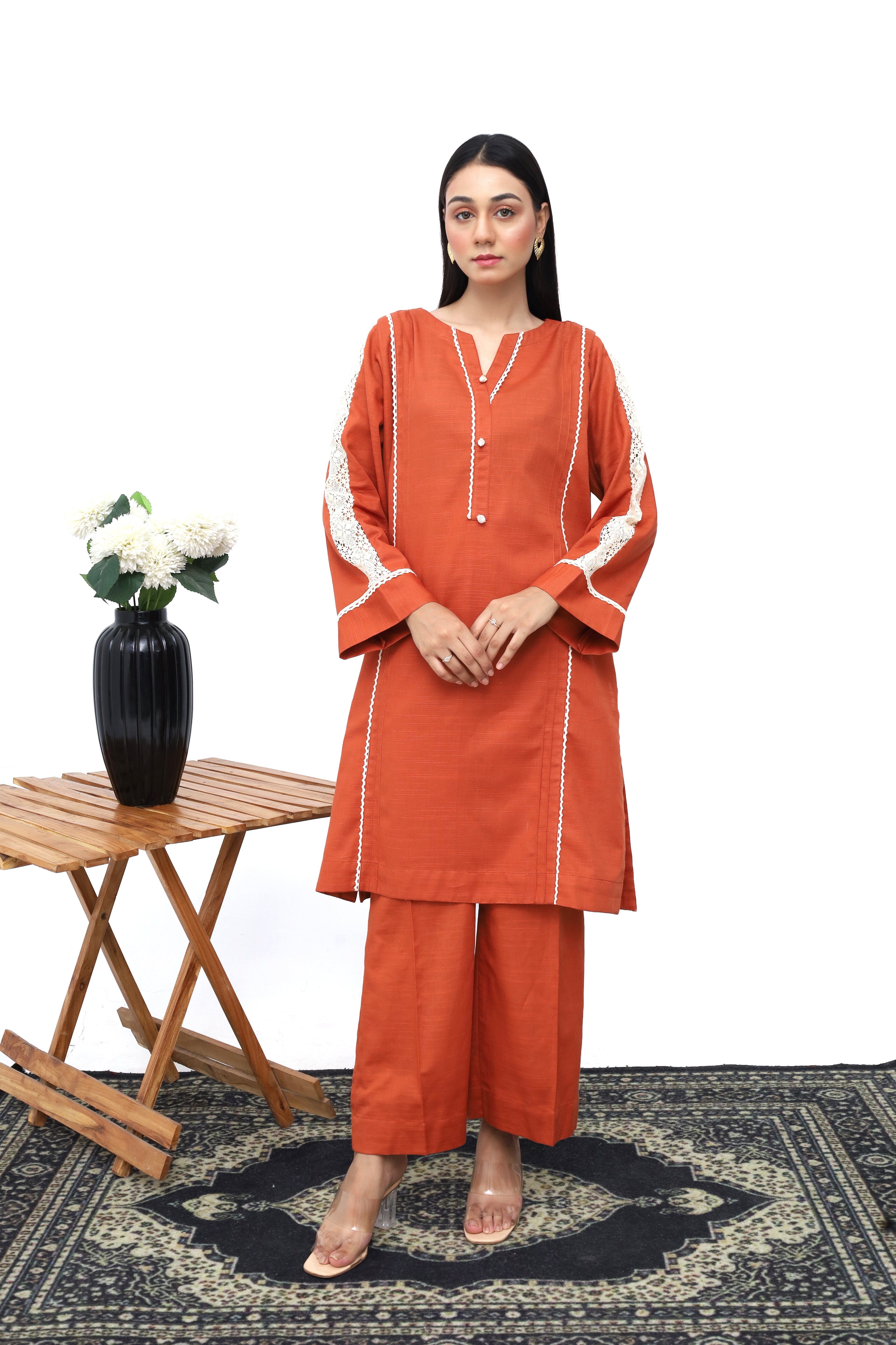 Rust Orange Khaddar 2-Piece Set | Top and Bottom